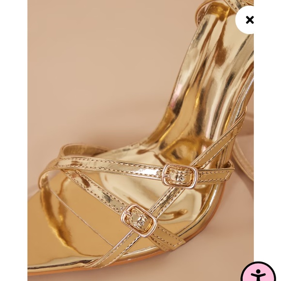 Gold Pointed Toe Buckle Detail Ankle Strap Heeled Sandals - Picture 3 of 5